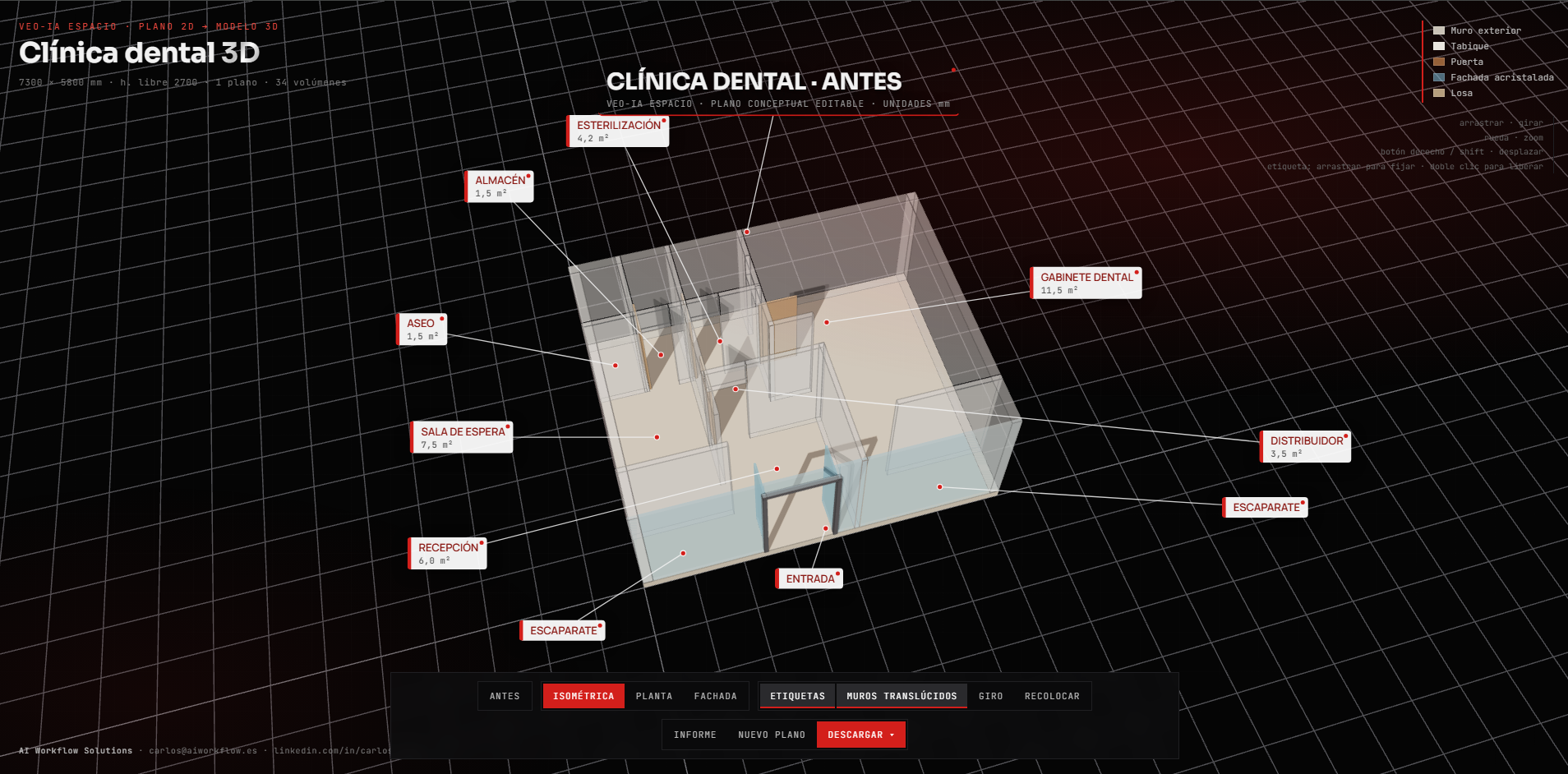 Vista con muros translúcidos del archivo editable de la clínica dental
