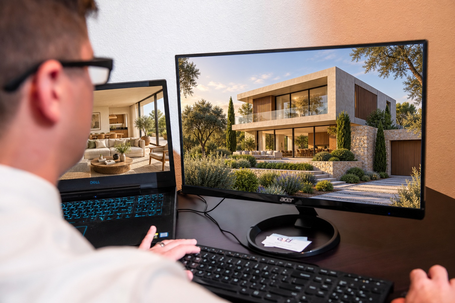 Estudio de visualización con dos pantallas que muestran un render exterior y otro interior